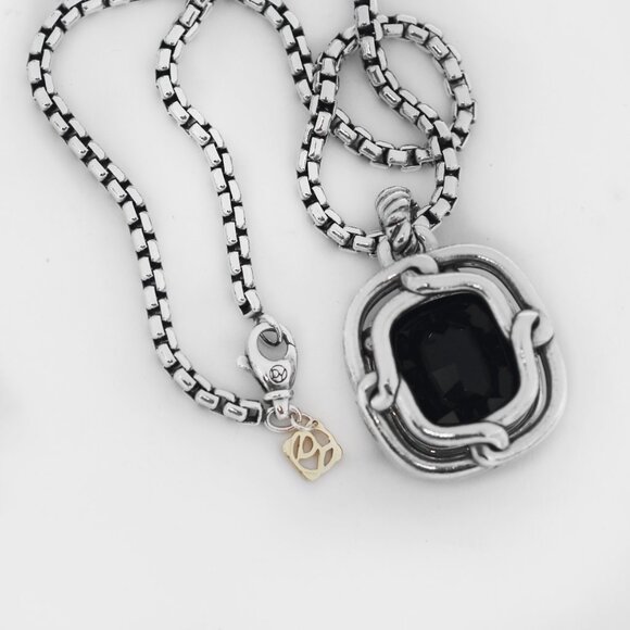 David Yurman 925 Silver Labyrinth Onyx and Diamond Pendant Necklace - Picture 6 of 6